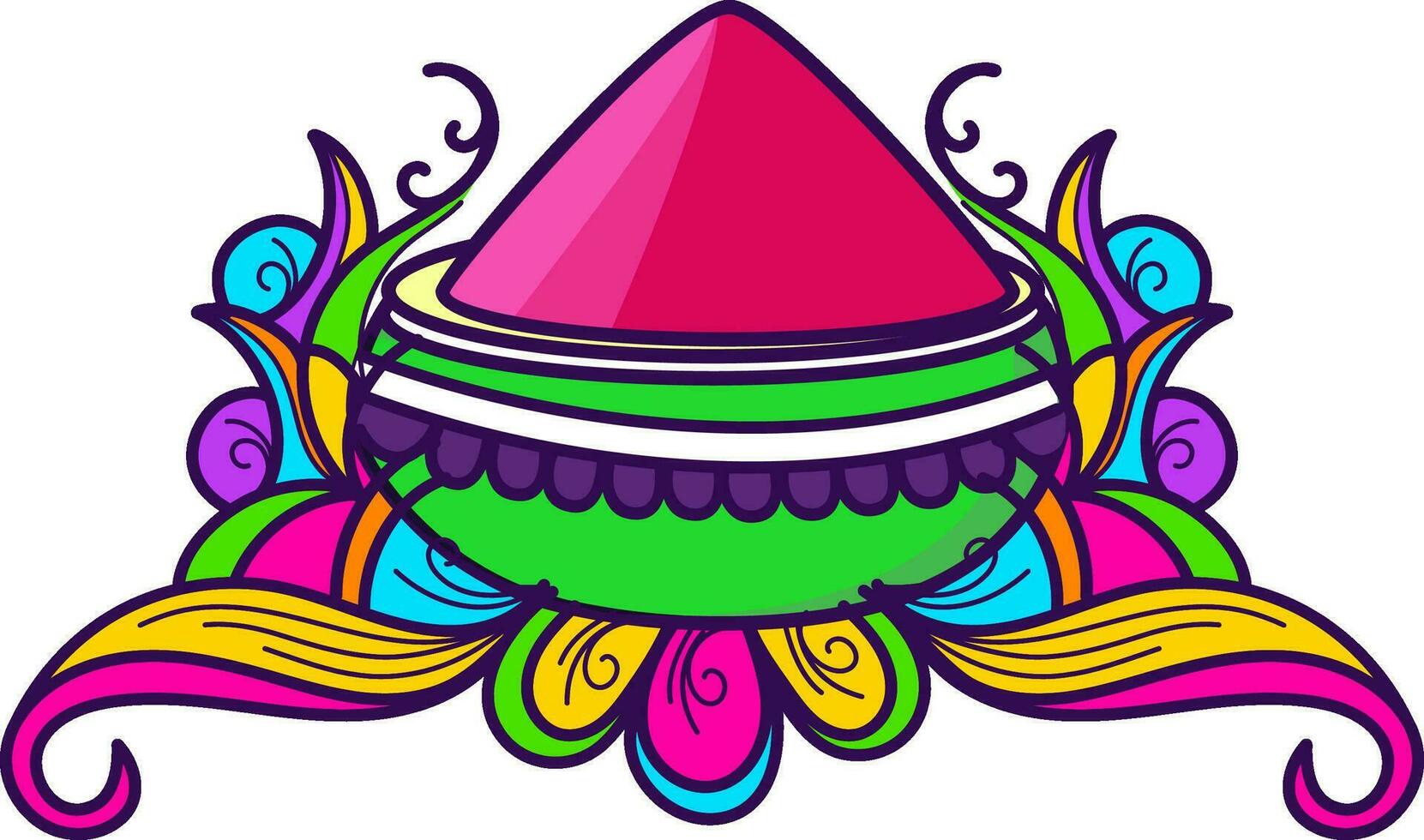 Colorful floral doodle pot with color powder for Holi. vector