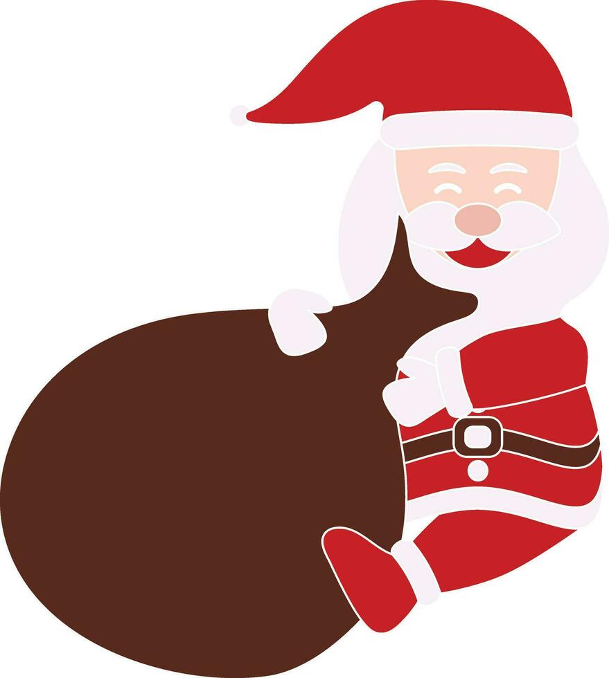 dibujos animados Papa Noel claus sentado con marrón pesado saco en plano estilo. vector