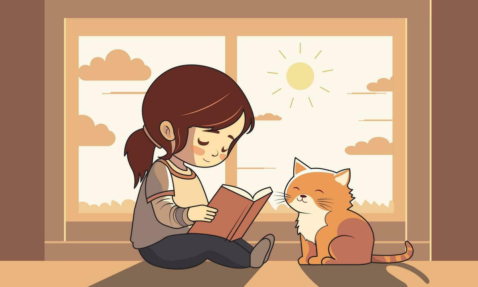 linda niña personaje leyendo un libro con adorable gato sentado juntos en luz de sol mediante ventana antecedentes. vector