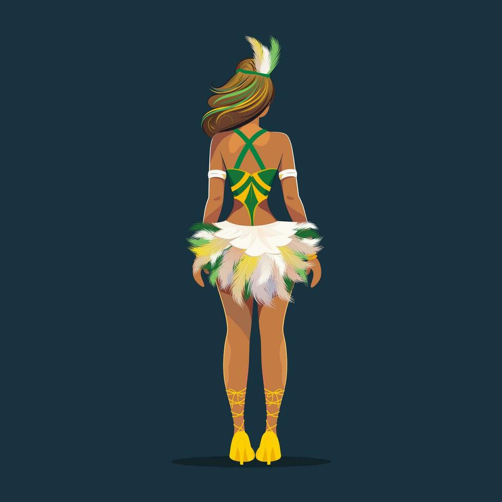 Back view of Feather Headdress Wearing Brazilian Female Character In Standing Pose. Carnival Or Samba Dance Concept. vector