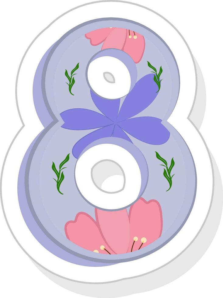 Beautiful Floral 8 Number Icon In Sticker Style. vector