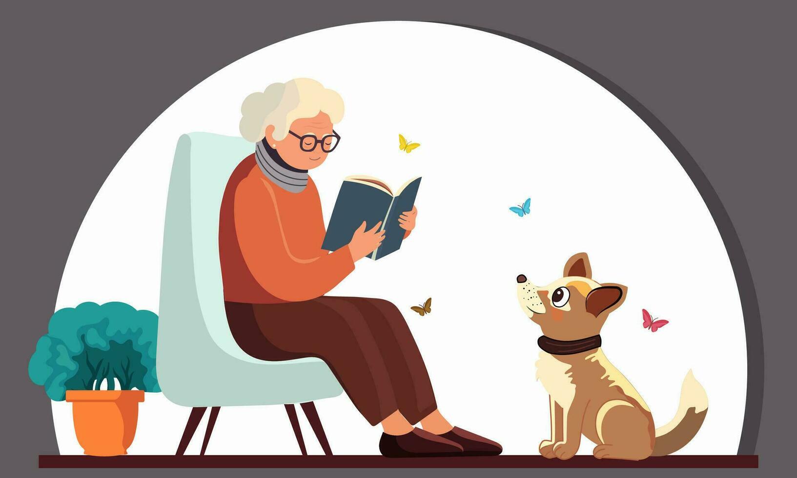 mayor mujer leyendo un libro a Sillón en frente de adorable perro, planta maceta, mariposas en gris y blanco antecedentes. vector