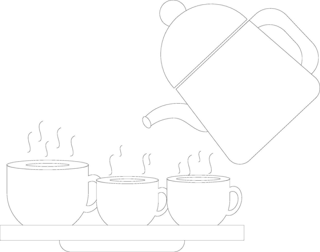 Hot tea in black line art cup on tray with kettle. vector