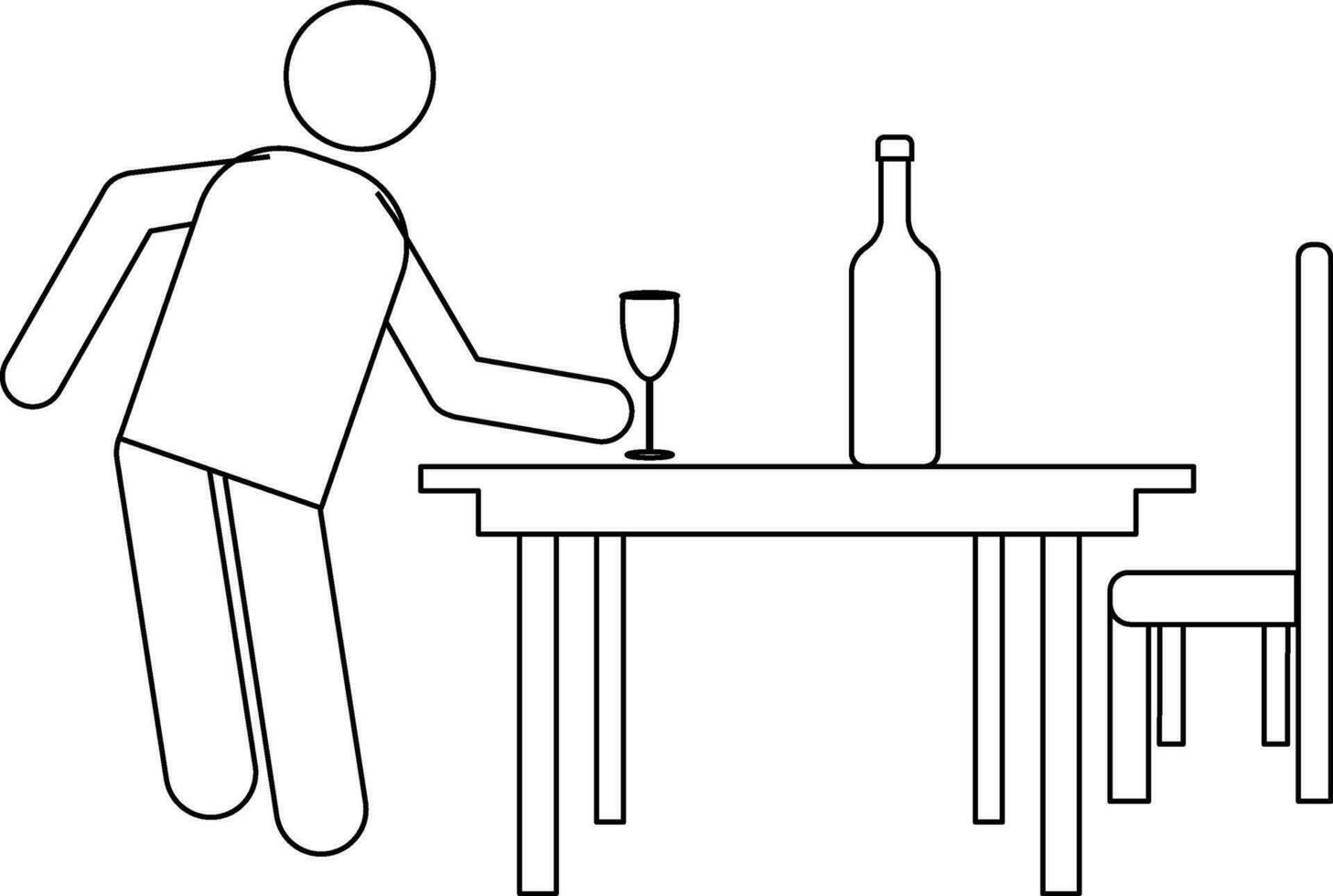 Cocktail glass with bottle on table and character of human. vector
