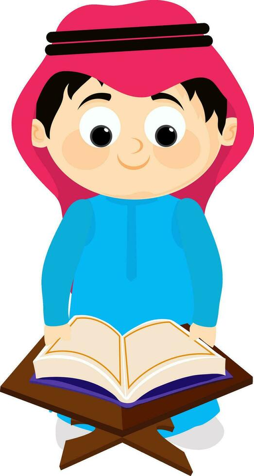 Character of cute arabian boy reading Quran. vector