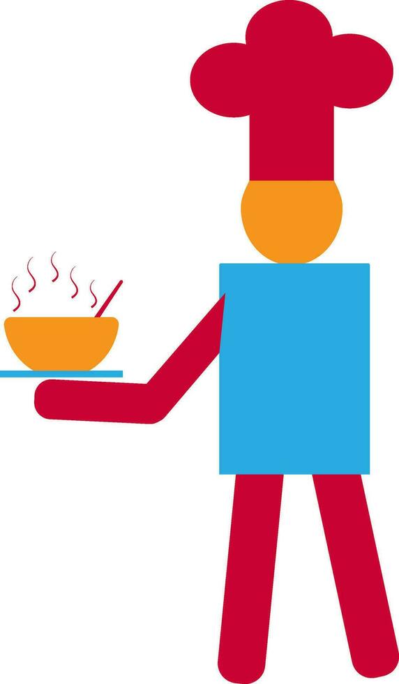 Character of chef wearing hat and holding hot bowl with spoon. vector