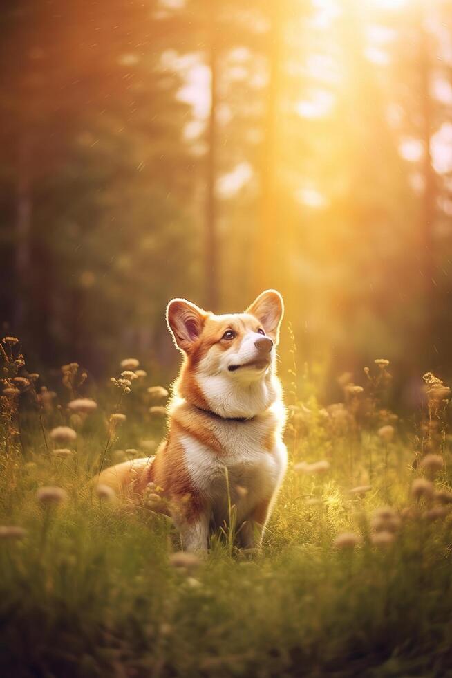 Happy little dog in the spring forest with meadows, sun rays flare. . photo