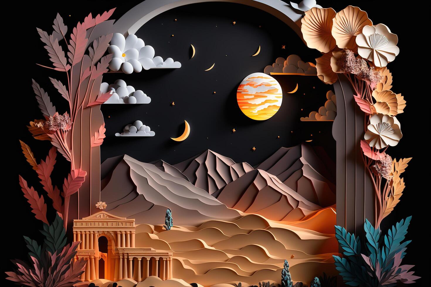 The Lost City Petra papercut craft art. 3D Papercut paper art craft color Background Wallpaper. . photo