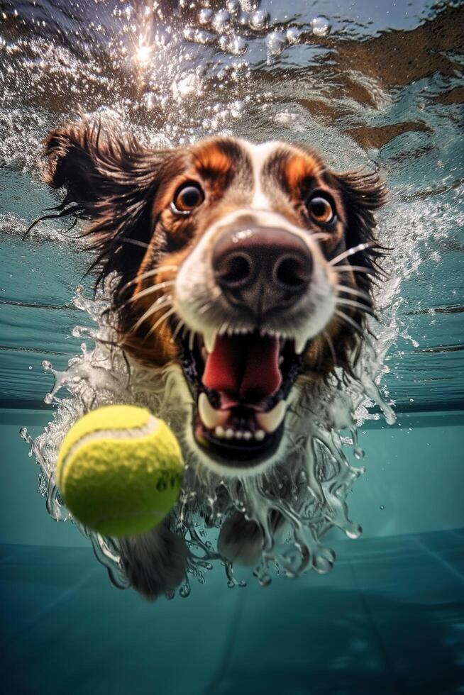 Funny dog swimming underwater, . photo
