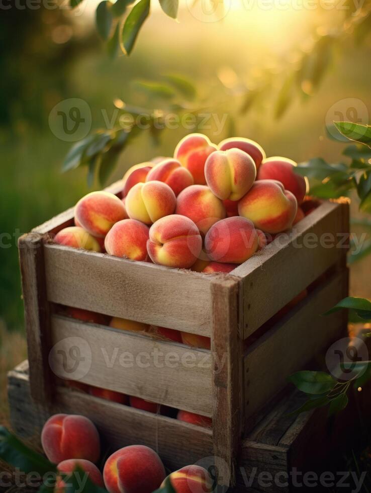 Ripe peaches in a wooden box on a background of the garden. Space for text, vertical, mockup, photo