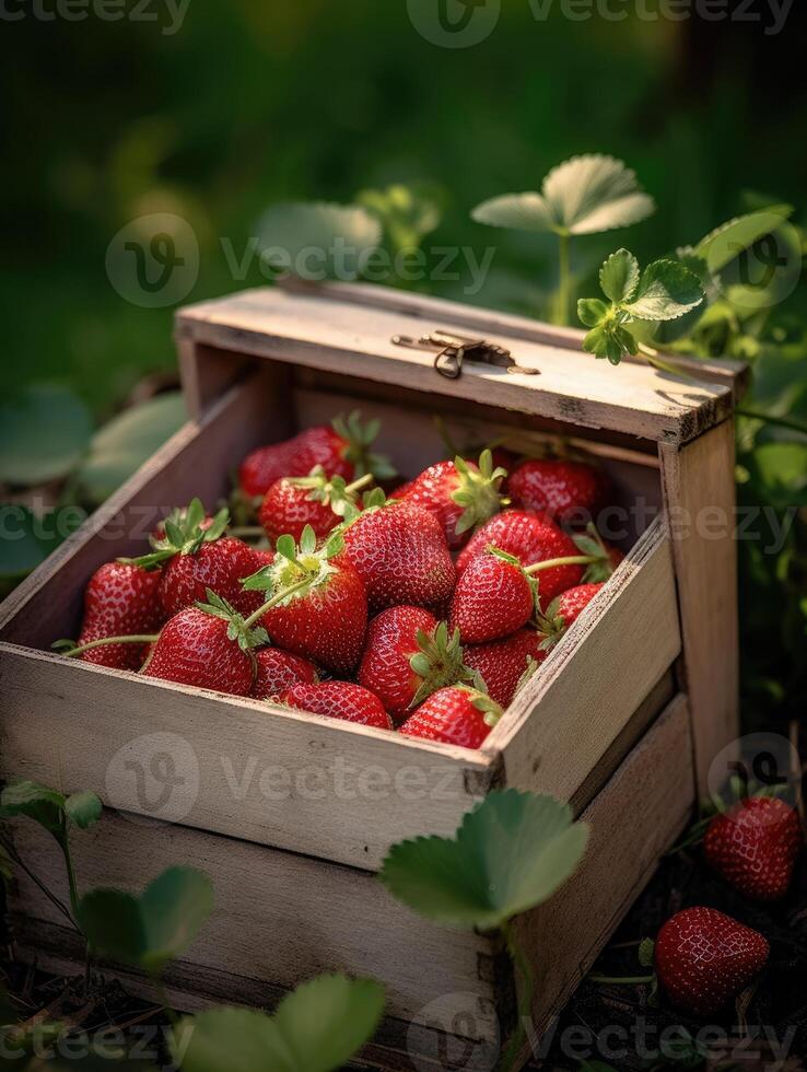 Ripe strawberry in a wooden box on a background of the garden. Space for text, vertical, mockup, photo