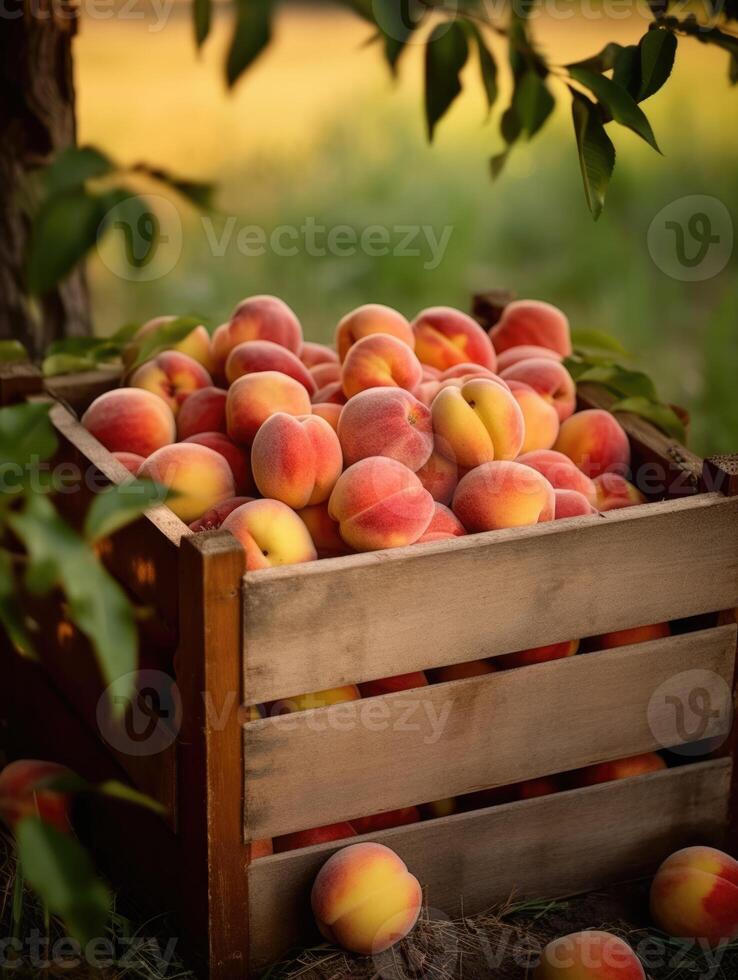 Ripe peaches in a wooden box on a background of the garden. Space for text, vertical, mockup, photo