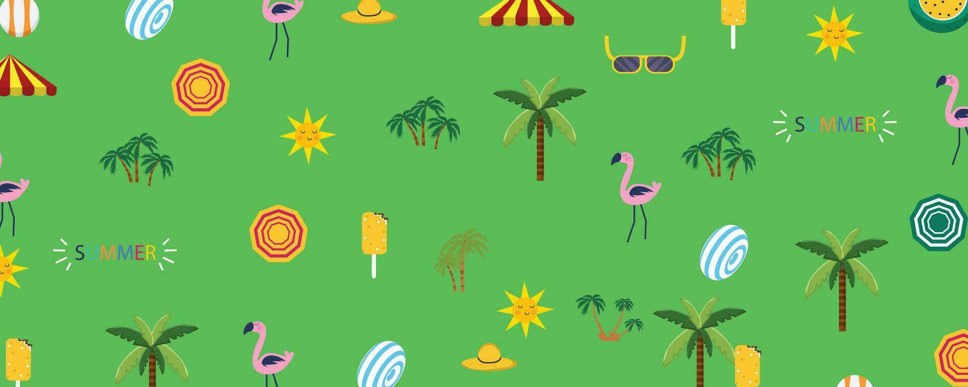 seamless summer pattern beach elements such as sunglasses, palm, watermelon slice, tote bag, umbrella, ice cream, waves, sand. Fashion print design vector