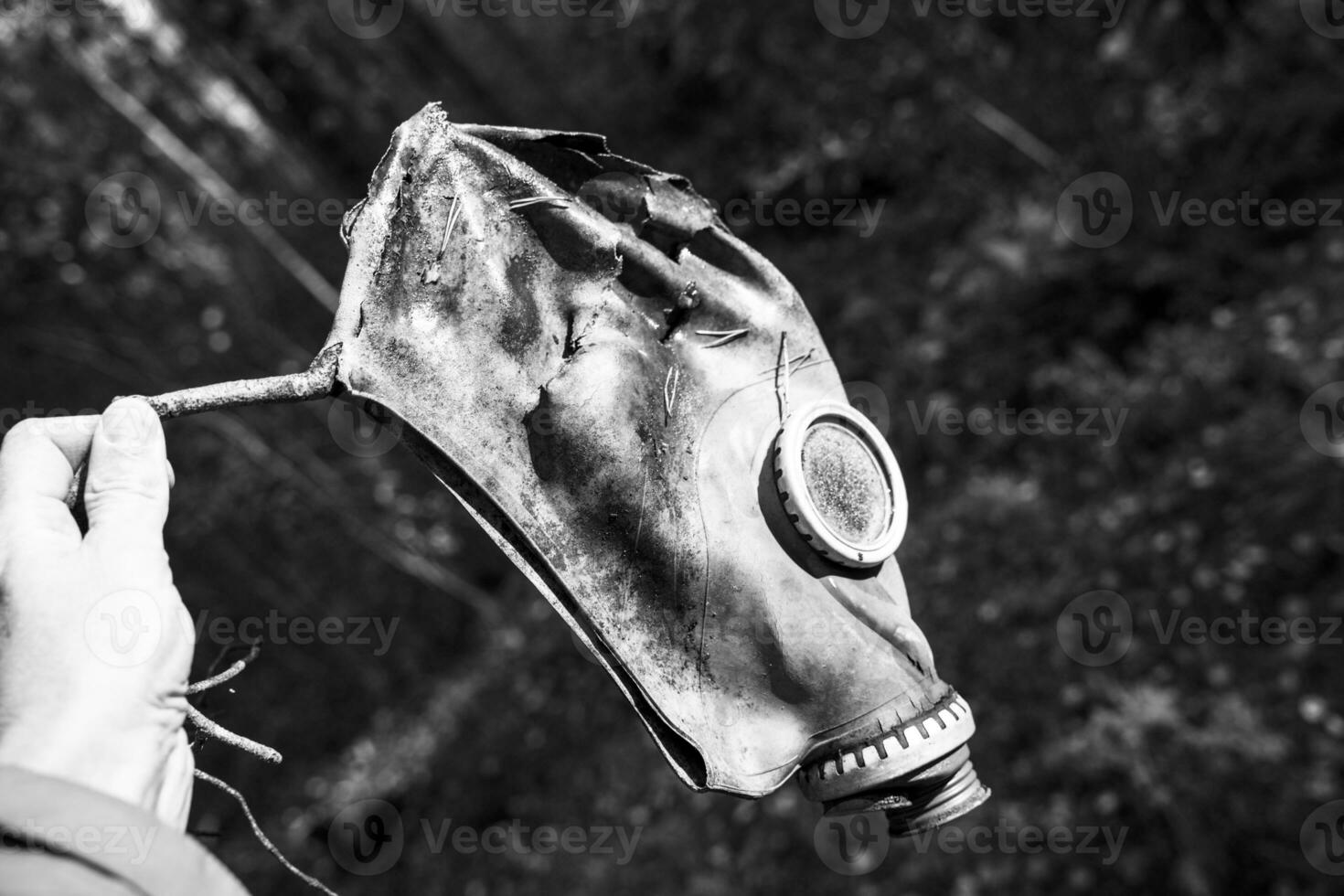 an old used gas mask in the hand of a man in the forest photo