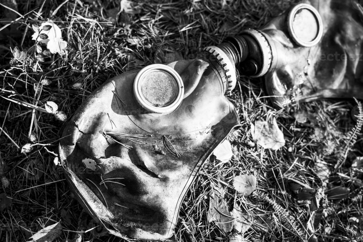 two old used gas masks look at each other lying on the grass photo