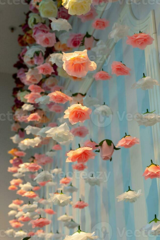 an artistic spatial composition of rose flowers suspended in the air photo