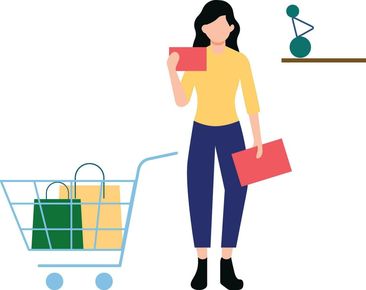 A girl is standing next to a shopping trolley. vector