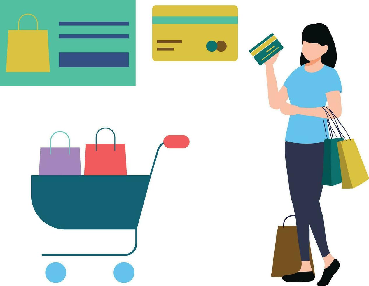The girl is carrying a shopping bag and a trolley. vector