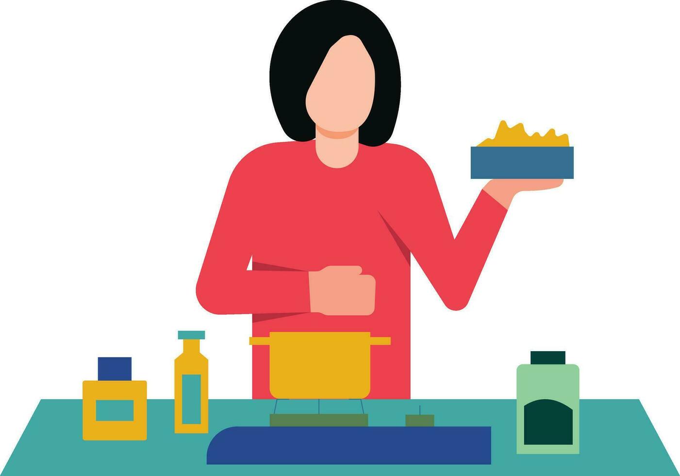 The girl is cooking the dish in the kitchen. vector