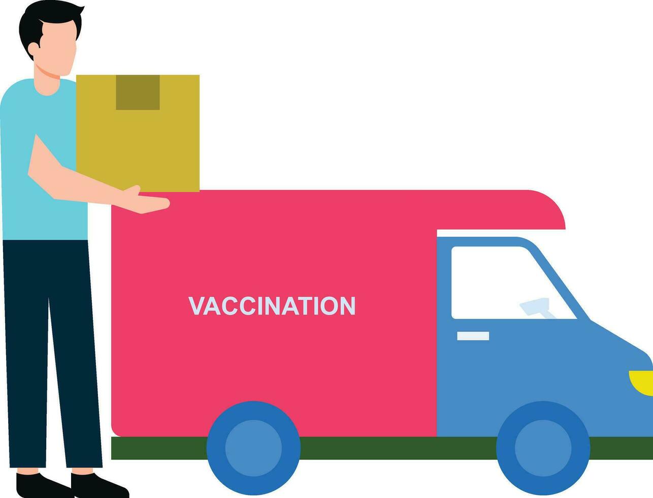 A boy wearing a mask stands holding a vaccination box. vector