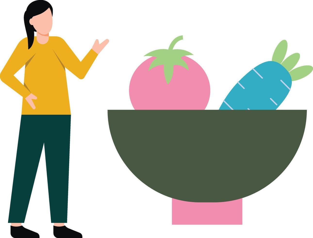 The girl is standing next to a bowl of vegetables. vector