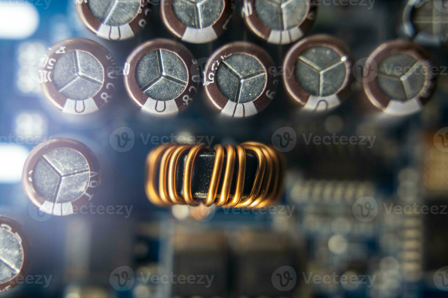Background of various electronic components on printed circuit board photo
