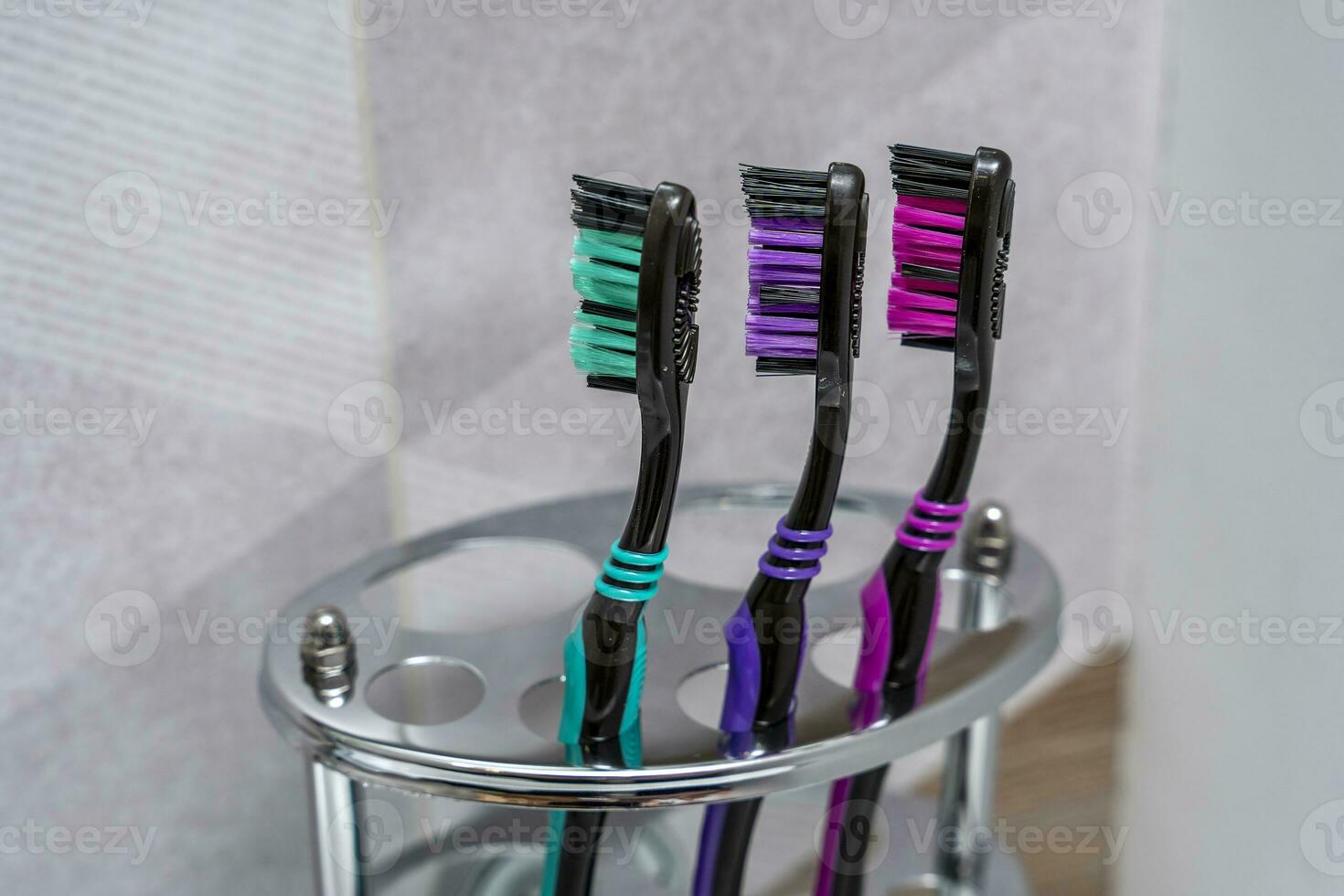 toothbrushes stand in a special stand in the bathroom interior photo
