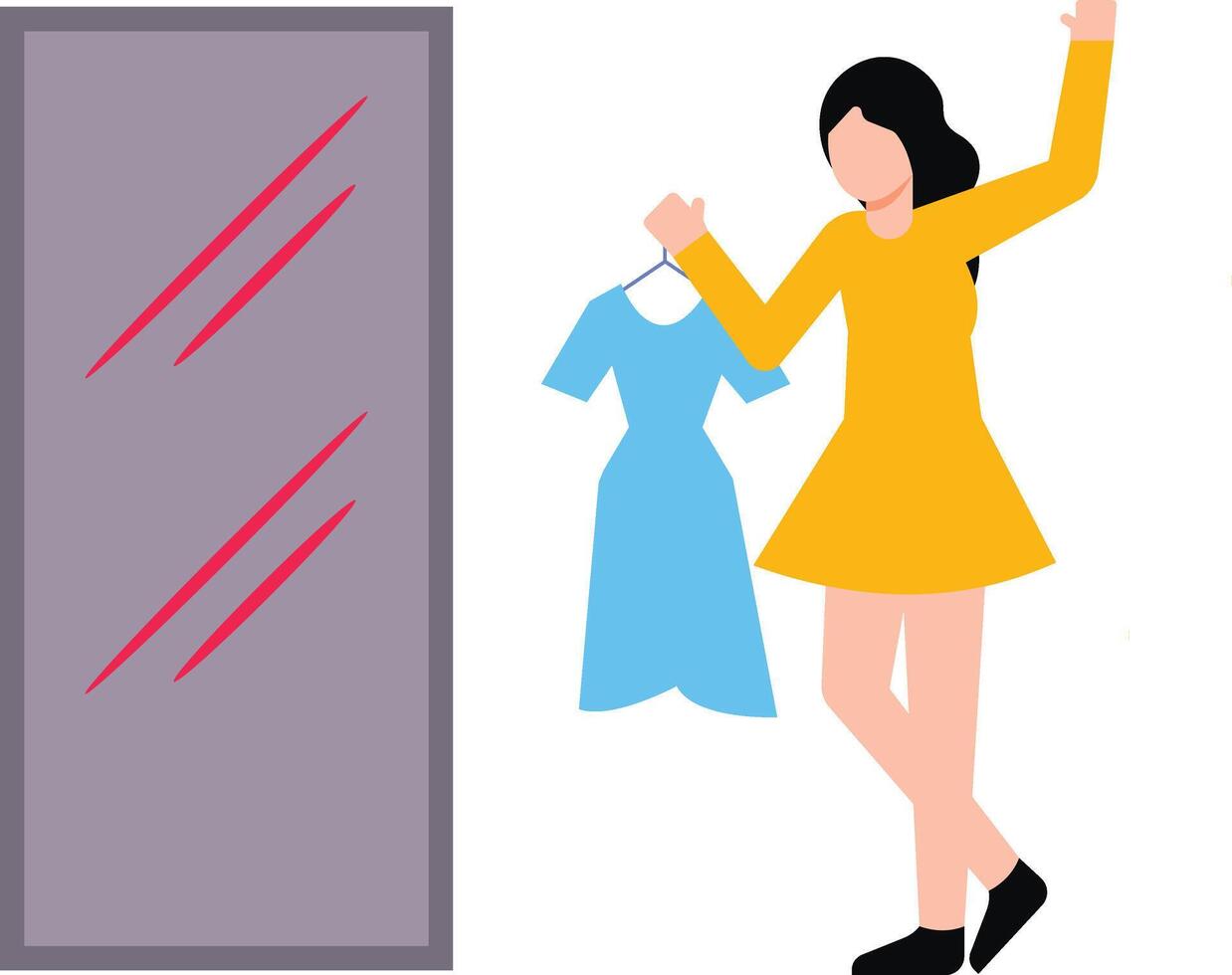 The girl is holding a dress and looking in the mirror. vector