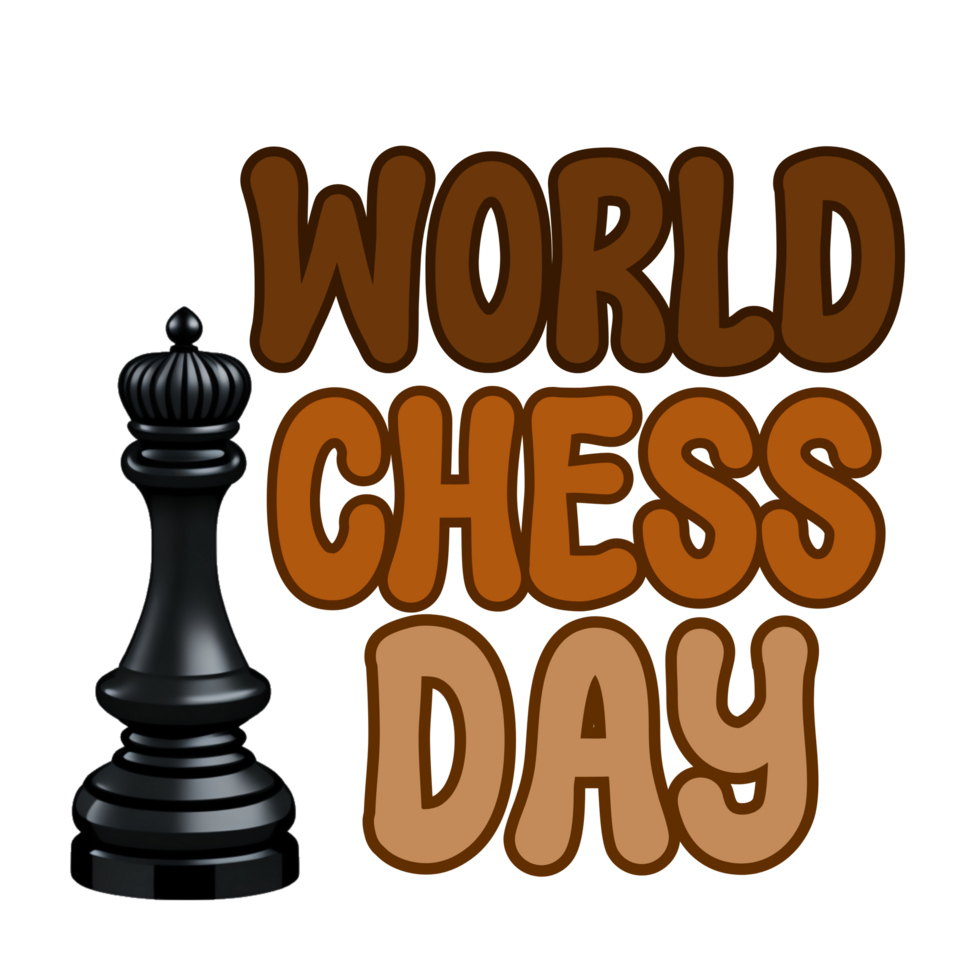 World chess Day  text, World chess Day calligraphy, chess Day lettering inscription clipart on transparent background, chess piece digital art, chess king queen piece clipart, chess icon png