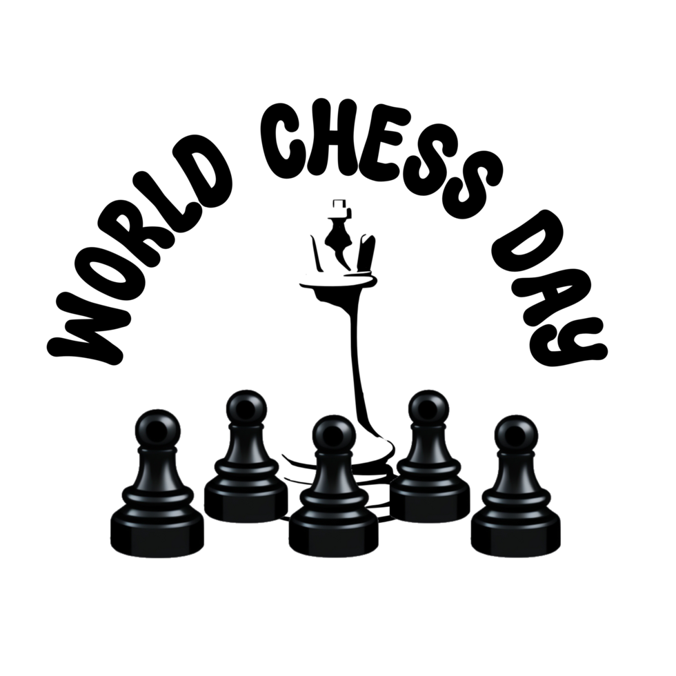 World Chess Day text with chess pieces on chessboard clipart on transparent background, world chess day calligraphy, lettering inscription, chessboard with chess pieces clipart png