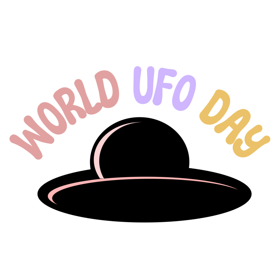 World UFO Day, UFO Encounter Day, National UFO Day text typography, calligraphy, lettering inscription clipart on transparent background, UFO ship clipart on transparent background png