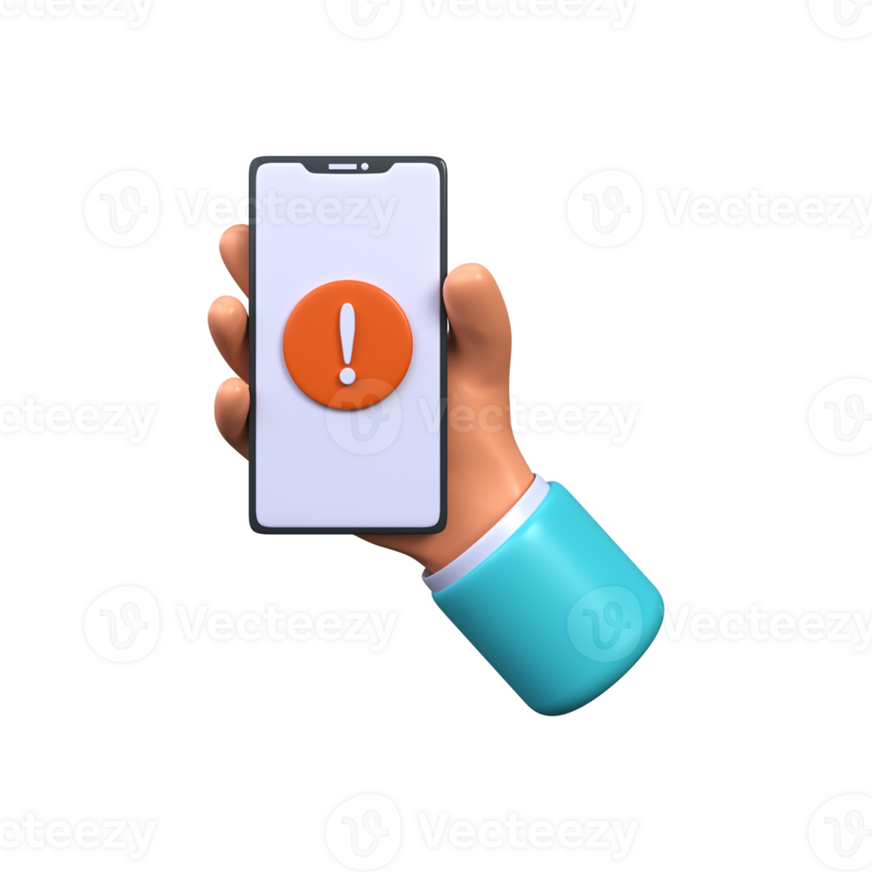 Mobile notification of errors or problems on the phone screen. 3d phone with an exclamation mark png