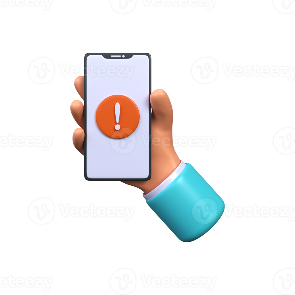 Móvel notificação do erros ou problemas em a telefone tela. 3d telefone com a exclamação marca png