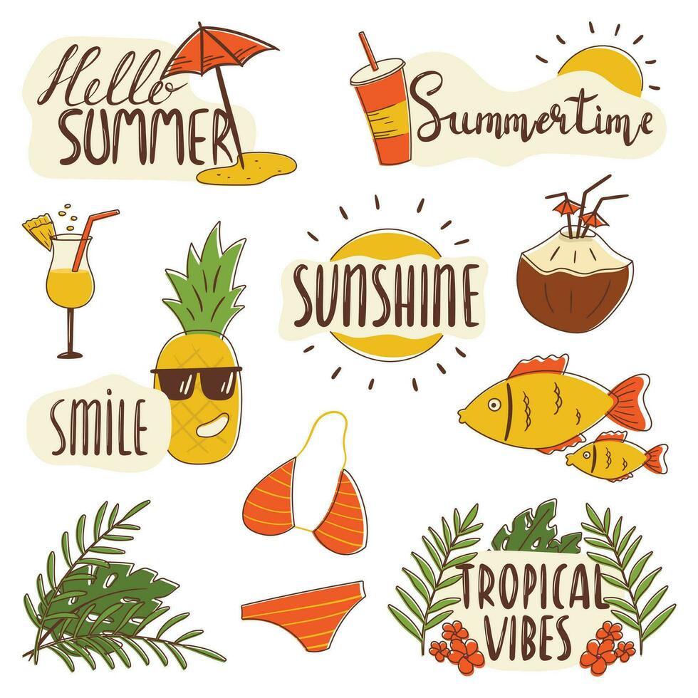 Set of vector summer icons. Collection of isolated stickers with hand lettering. Beach holiday attributes and inscription templates. Funny design elements.