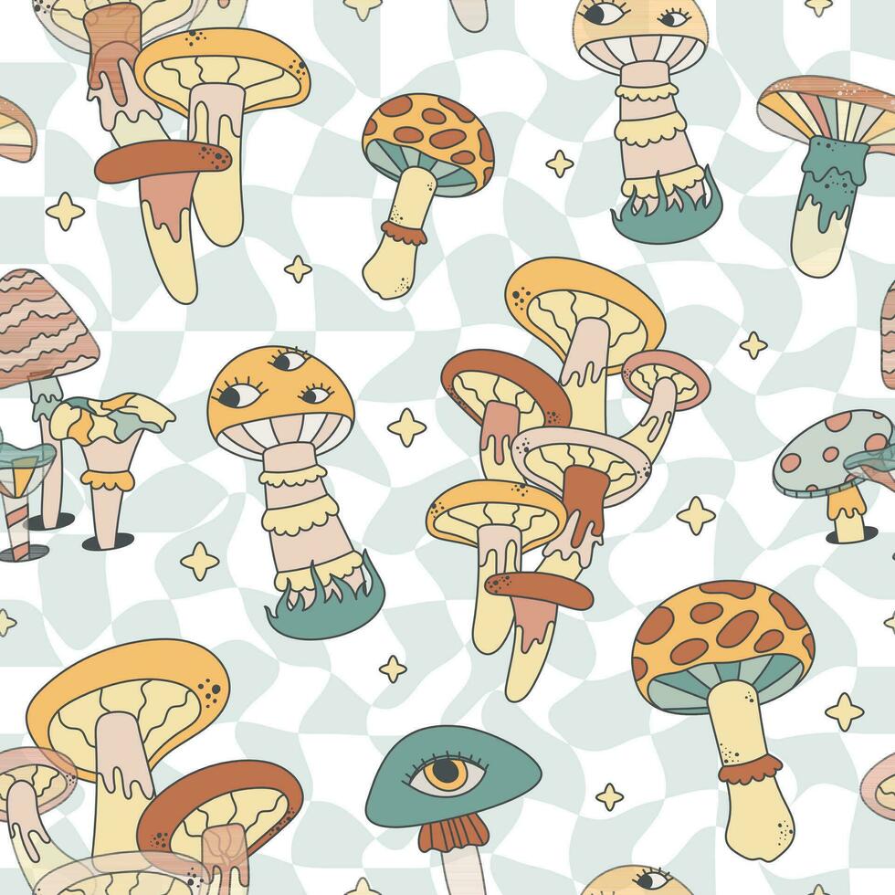 Psychedelic poisonous mushrooms in Groove style. Vector retro seamless pattern, Hippie trip concept.