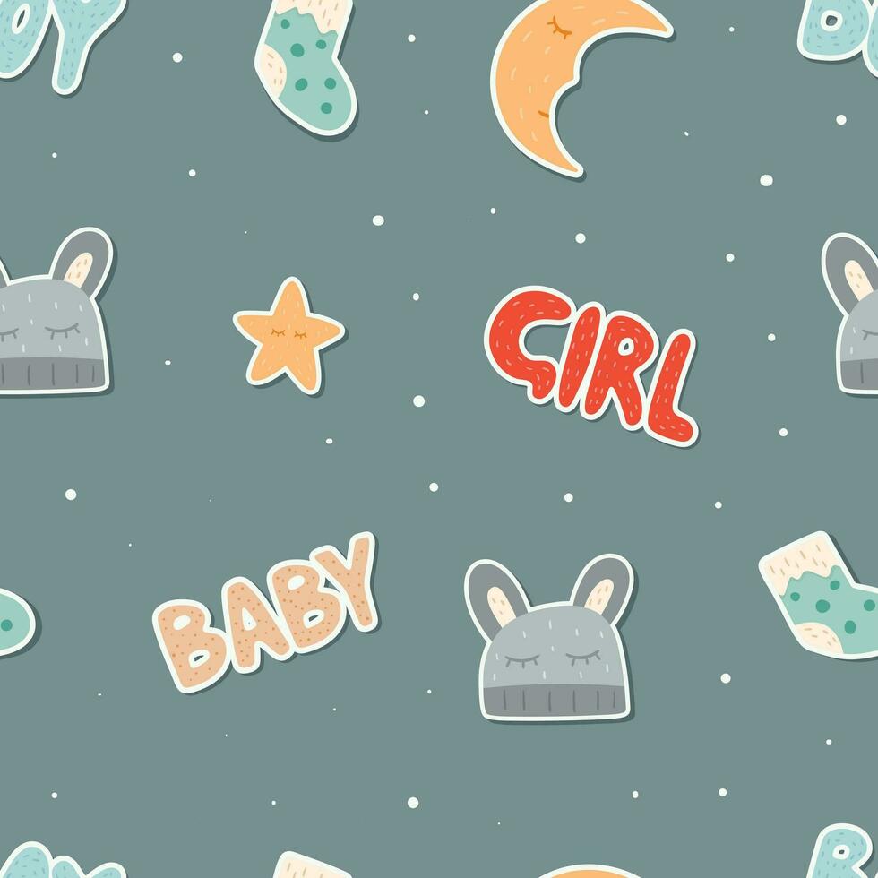 Seamless pattern set of cartoon vector stickers. Cute doodle baby icons in scandinavian style. Children toys and accessories for kid bedroom.