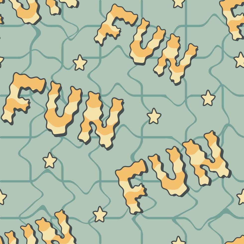 Groovy hippie lettering, word Fun. Vector seamless funny retro pattern.