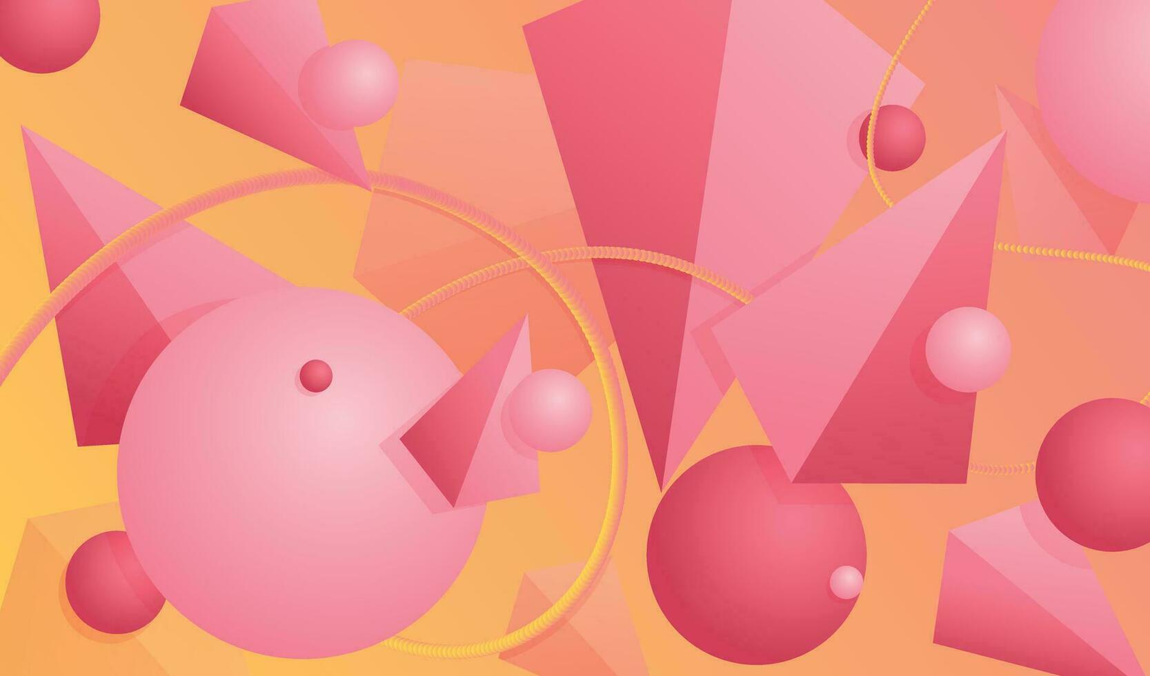 Vector abstract pink background with geometric shapes, volumetric pyramids and spheres.