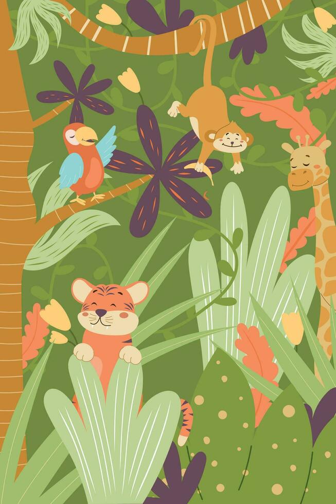 Tropical cartoon jungle with palm trees and vines. Wild baby African animals. Vector green baby background with rainforest