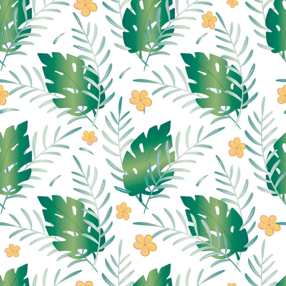 Tropical summer seamless pattern. Cartoon monstera leaves and plumeria flowers. Green trending plant branches for background or wallpaper decoration. vector