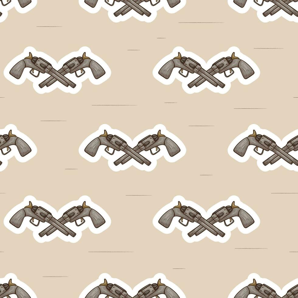 Seamless doodle pattern with crossed cowboy revolvers. vector