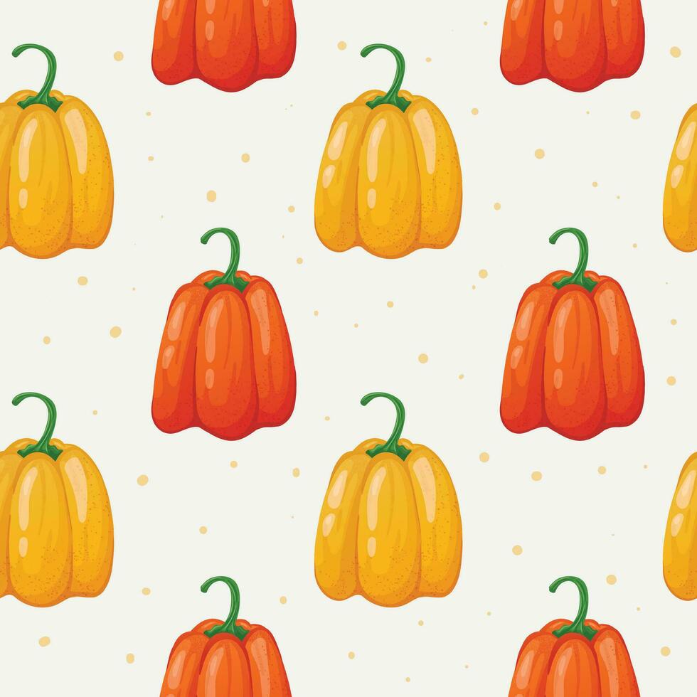 Vector seamless pattern of fresh vegetables. Healthy and nutritious red and yellow bell or sweet peppers. Farming or gardening background.