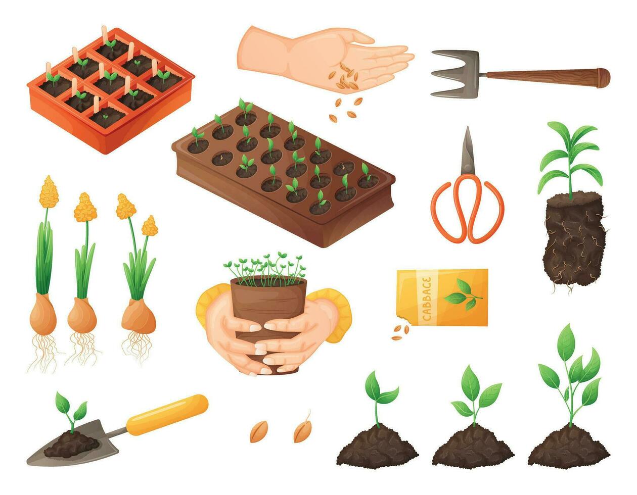 The concept of farming, sowing and growing vegetables and fruits. Young sprouts of plants and flowers, gardening equipment. Set of vector isolated cartoon illustrations.