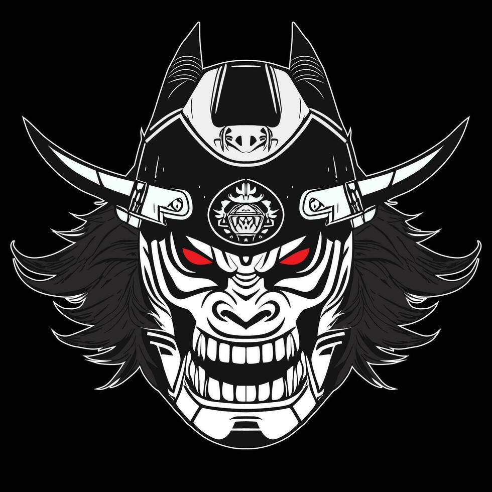 Oni Mask Tattoo T-shirt. Black masked samurai. Traditional Japanese warrior. Vintage isolated vector illustration. Military design and art element concept