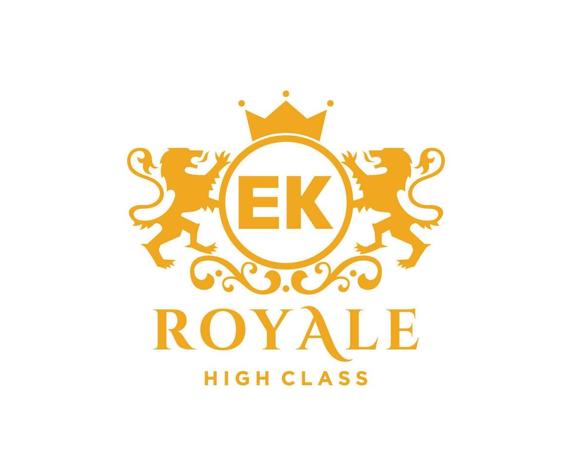 Golden Letter EK template logo Luxury gold letter with crown. Monogram alphabet . Beautiful royal initials letter. vector