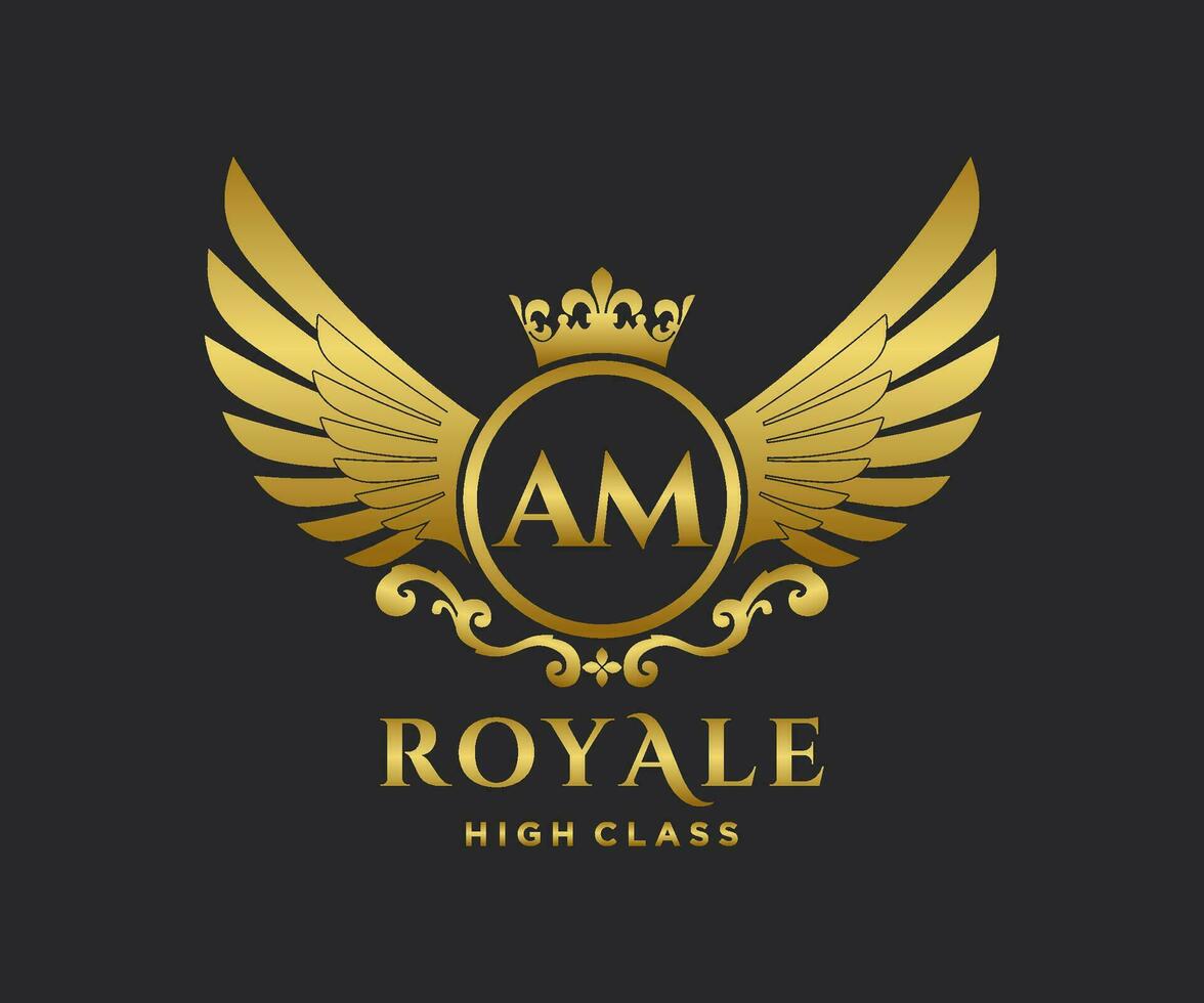 Golden Letter AM template logo Luxury gold letter with crown. Monogram alphabet . Beautiful royal initials letter. vector