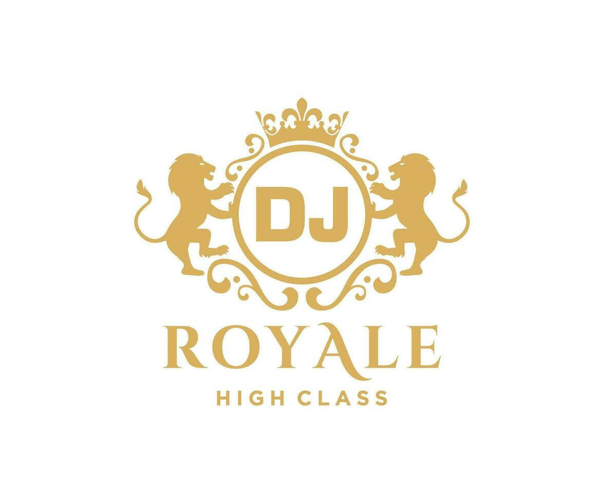 dorado letra DJ modelo logo lujo oro letra con corona. monograma alfabeto . hermosa real iniciales carta. vector