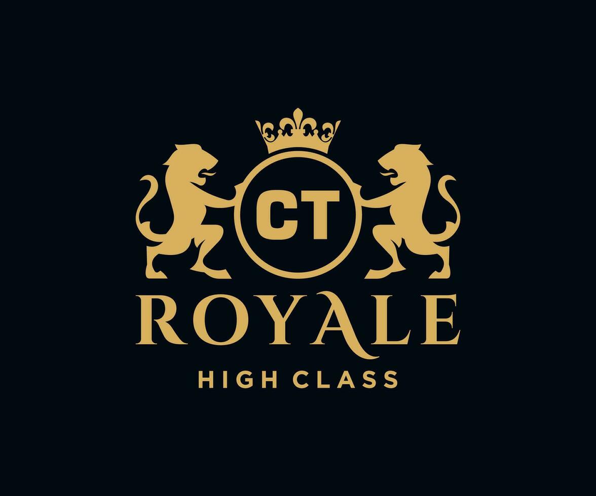 Golden Letter CT template logo Luxury gold letter with crown. Monogram alphabet . Beautiful royal initials letter. vector