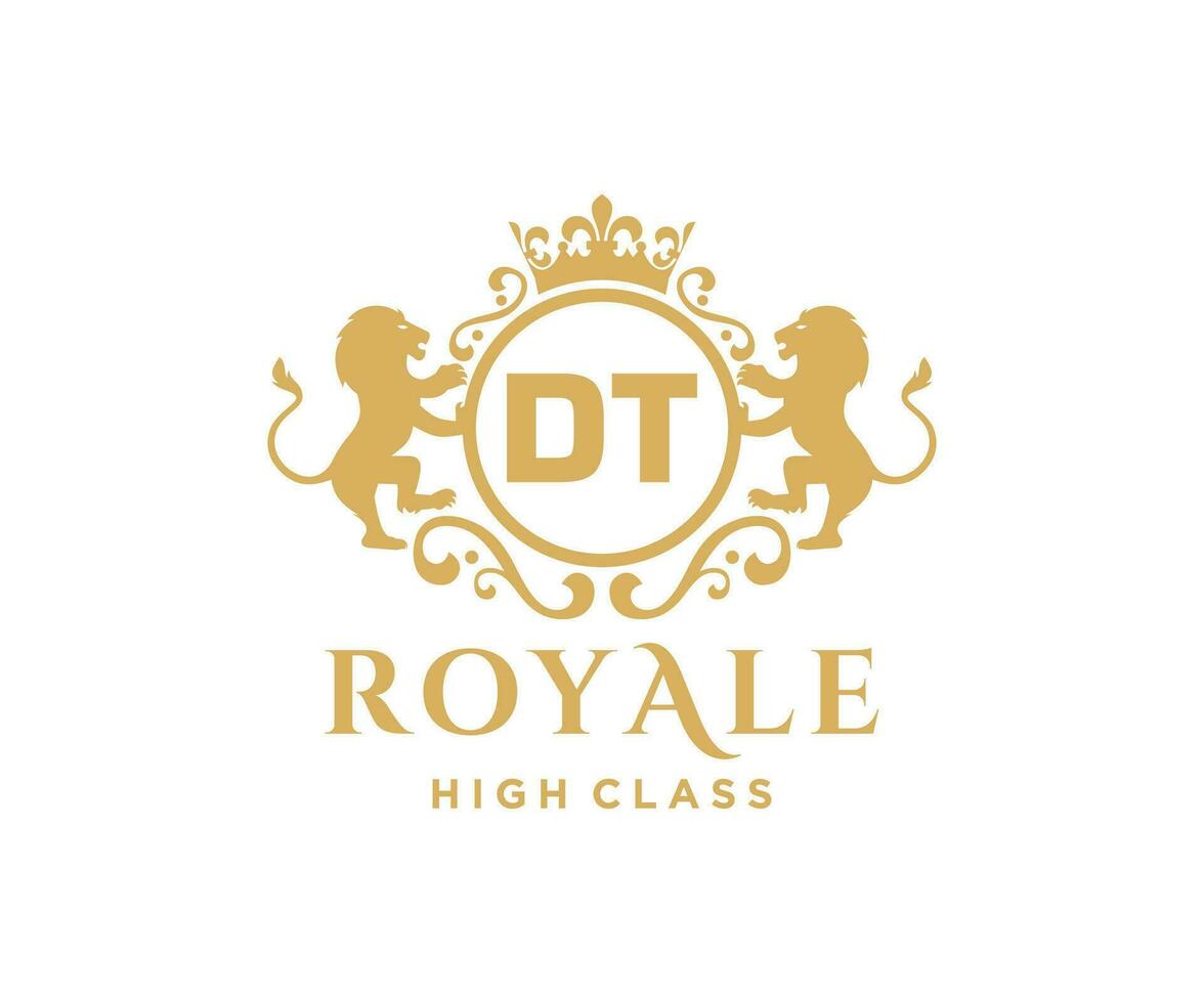 Golden Letter DT template logo Luxury gold letter with crown. Monogram alphabet . Beautiful royal initials letter. vector