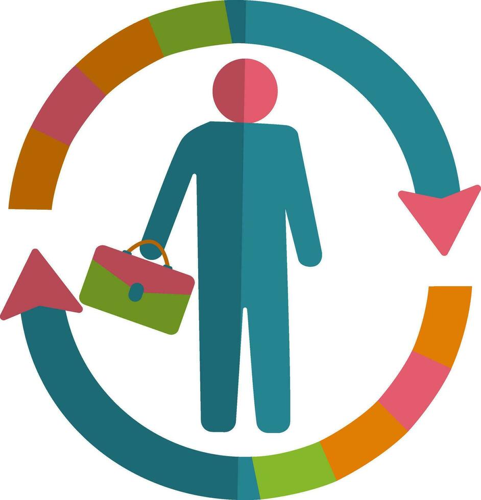 Half shadow of businessman with suitcase on circular arrow. vector